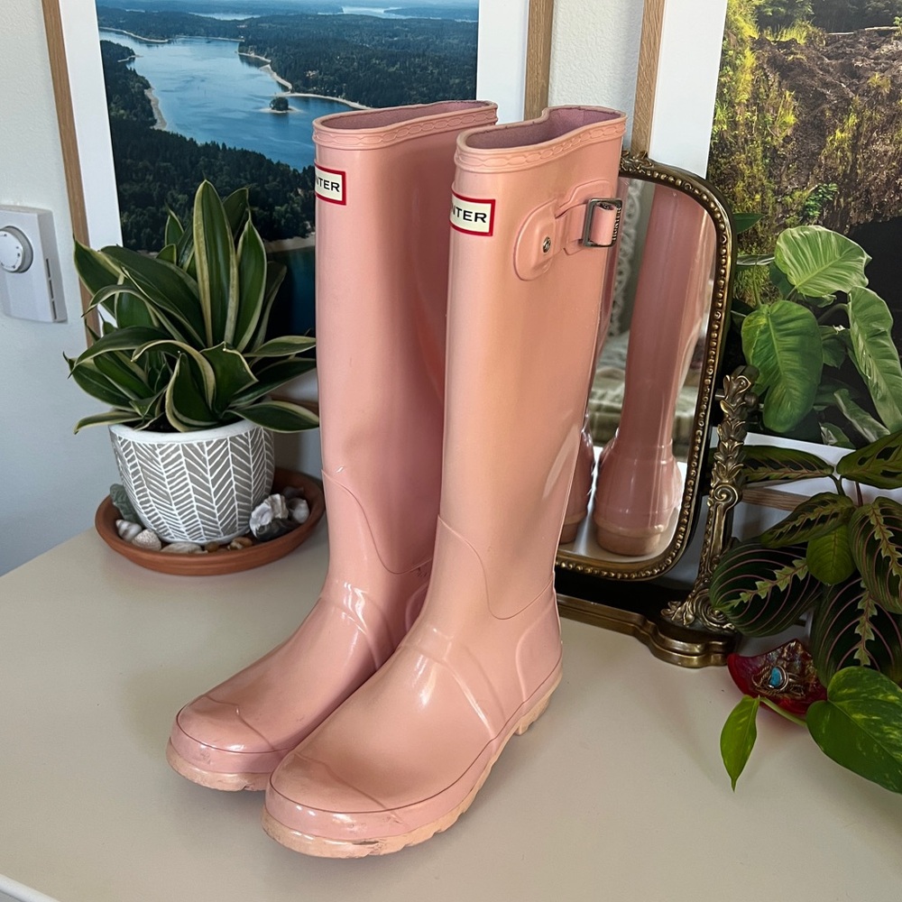 Blush Pink Hunter Tall Gloss Original Rain Boots 7